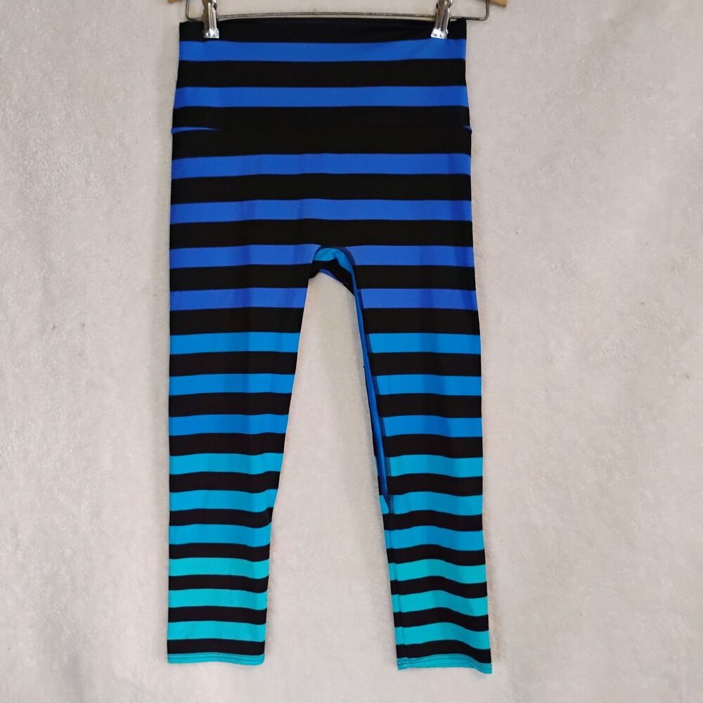 ​K-DEER Finley Signature Stripe Capri Leggings Large Turquoise Blue High Waist